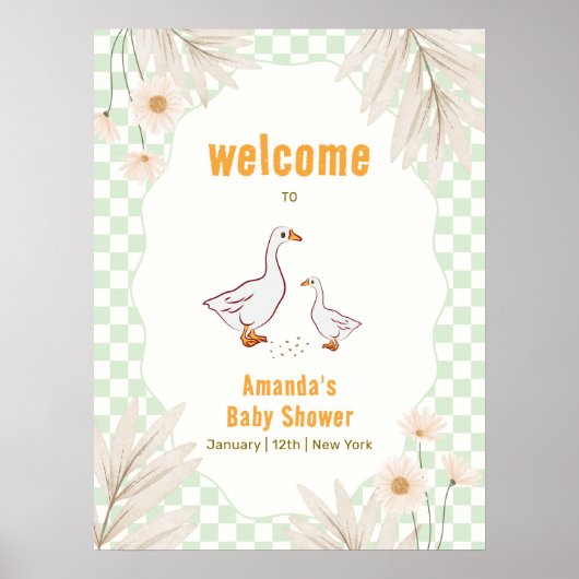 Sage Gingham Boho Daisy Goose Baby Shower Welkom Poster (Voorkant)
