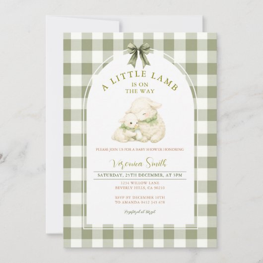 Sage Gingham Boogje Little Lamb Baby Shower Kaart (Voorkant)