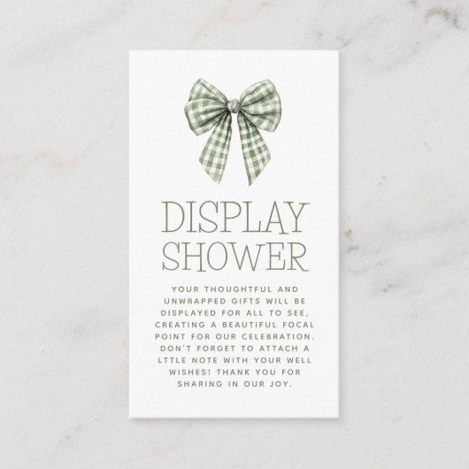 Sage Gingham Bow Picnic Baby Display Douche Informatiekaartje (Voorkant)