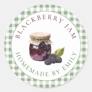 Sage Gingham Bruiloftsborrel Braambessenjam Favor Ronde Sticker