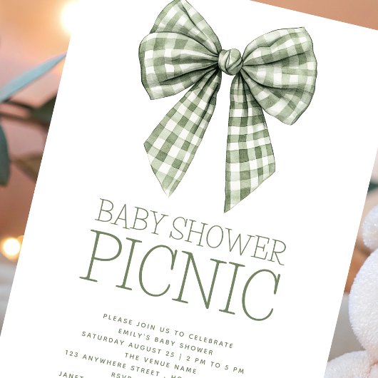 Sage Gingham Coquette Bow Baby shower Picknick Kaart
