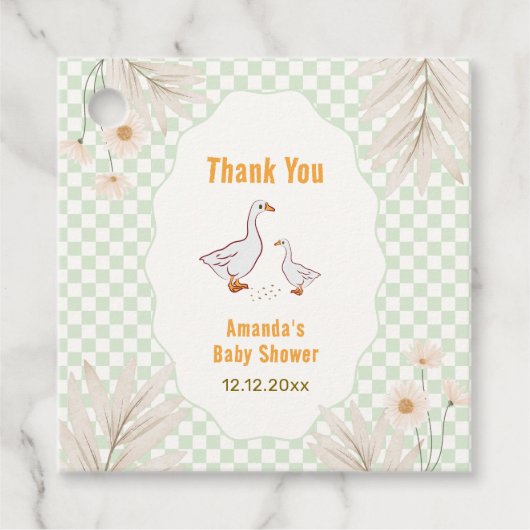 Sage Gingham Daisy Boho Silly Goose Baby Shower Bedankjes Labels (Voorkant)