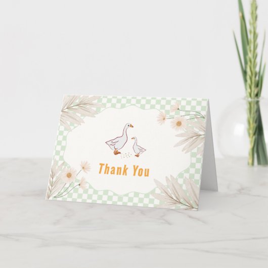 Sage Gingham Daisy Boho Silly Goose Baby Shower Bedankkaart (Voorkant)