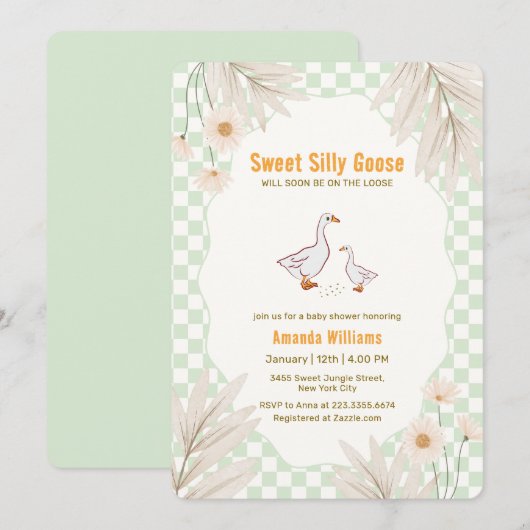 Sage Gingham Daisy Boho Silly Goose Baby Shower Kaart (Voorkant / Achterkant)