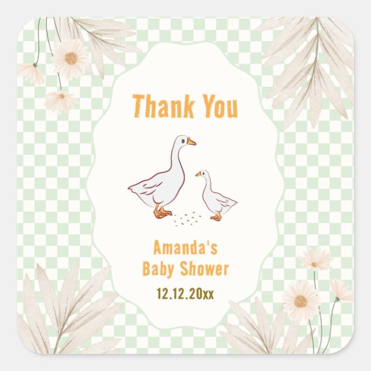 Sage Gingham Daisy Boho Silly Goose Baby Shower Vierkante Sticker (Voorkant)