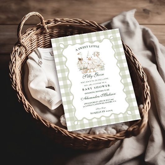 Sage Gingham Dwaze Gans Baby Shower Kaart