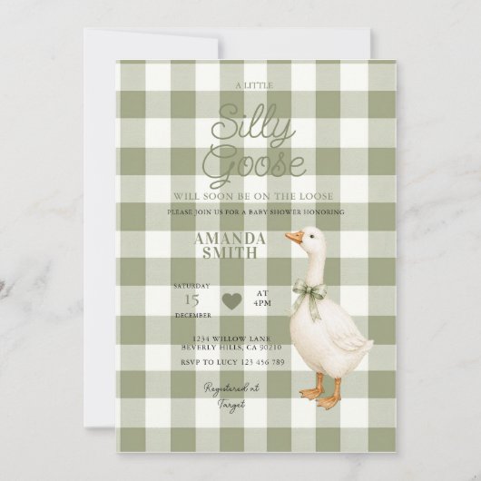 Sage Gingham Dwaze Gans Babyshower Uitnodiging (Voorkant)