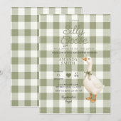 Sage Gingham Dwaze Gans Babyshower Uitnodiging (Voorkant / Achterkant)