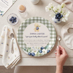 Sage Gingham Eendje Baby Shower Papieren Bordje