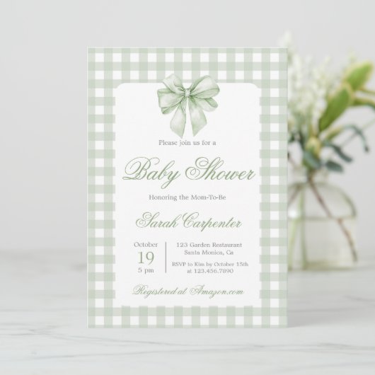 Sage Gingham en Bow Baby shower Kaart (Staand voorkant)
