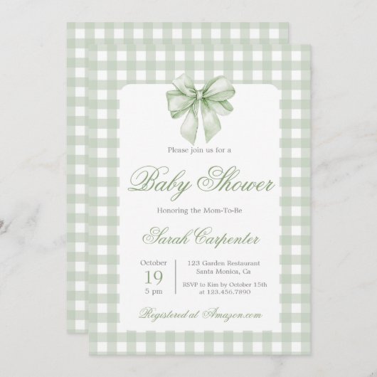 Sage Gingham en Bow Baby shower Kaart (Voorkant / Achterkant)