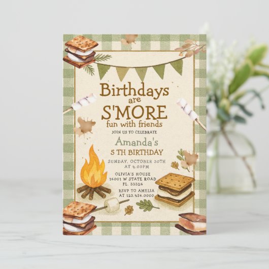 Sage Gingham Fall Camping Bonfire Marshmallow Kaart (Staand voorkant)