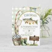 Sage Gingham Fisherman birthday invitation Kaart (Staand voorkant)
