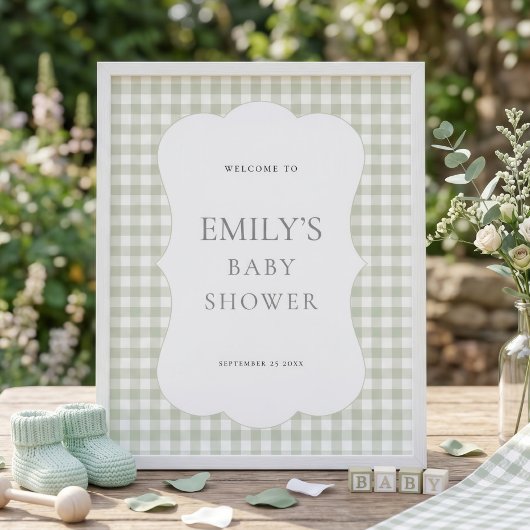 Sage Gingham Geschulpte Rand Welkom Baby Borrel Poster