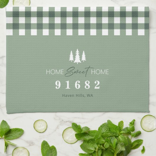 Sage Gingham Home Sweet Home Aangepaste postcode Theedoek (Gevouwen)