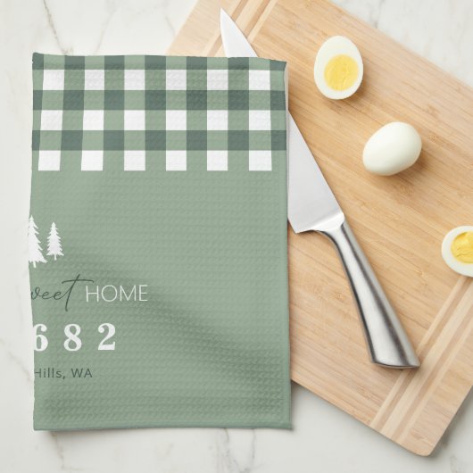 Sage Gingham Home Sweet Home Aangepaste postcode Theedoek (Quarter Fold)