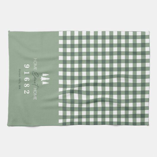 Sage Gingham Home Sweet Home Aangepaste postcode Theedoek (Horizontaal)