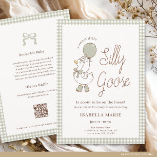 Sage Gingham Kleine Dwaze Gans Babyfeestje Kaart