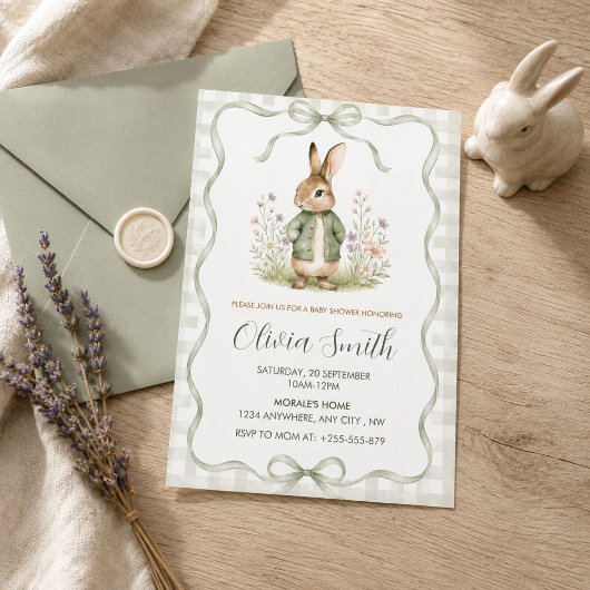 Sage Gingham Konijn Baby Shower Kaart