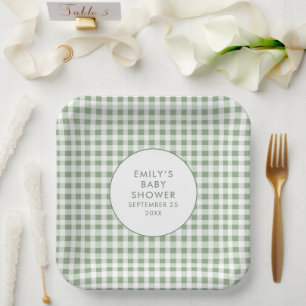 Sage Gingham Naam lokaal geteeld Baby shower Papieren Bordje
