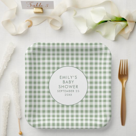 Sage Gingham Naam lokaal geteeld Baby shower Papieren Bordje (Huwelijk)