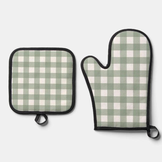 Sage Gingham Pattern Ovenwant & Pannenlap Set (Voorkant)