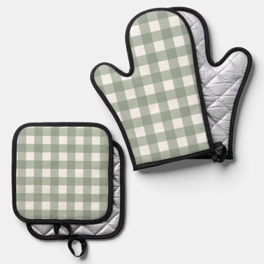 Sage Gingham Pattern Ovenwant & Pannenlap Set (Voorkant / Achterkant)