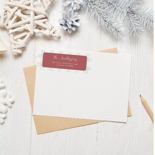 Sage Gingham Rode Kerst Retouradreslabels Etiket