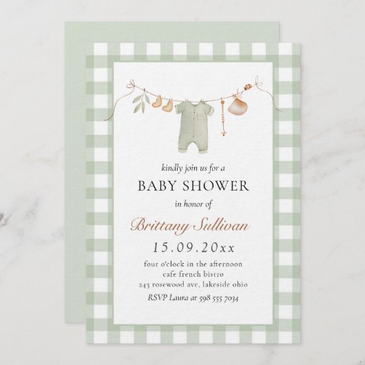 Sage Gingham Schattige Boho Babykleding Baby showe Kaart (Voorkant / Achterkant)