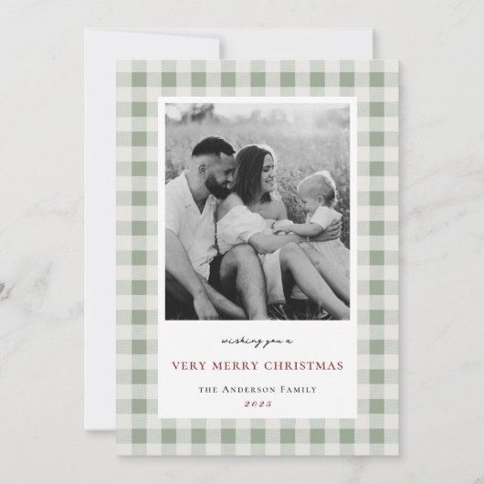  Sage Gingham tweezijdige familiefoto Feestdagenkaart (Voorkant)