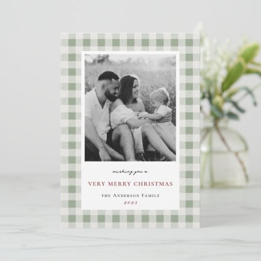  Sage Gingham tweezijdige familiefoto Feestdagenkaart (Staand voorkant)