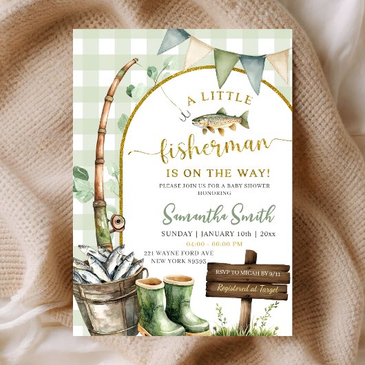 Sage Gingham Visser baby shower Kaart