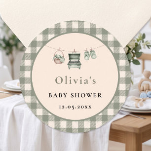 Sage Gingham Wasklijn Gril Baby Shower Ronde Sticker