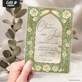 Sage Glas-in-lood Bloem Art Nouveau Bruiloft  Acryl Uitnodigingen