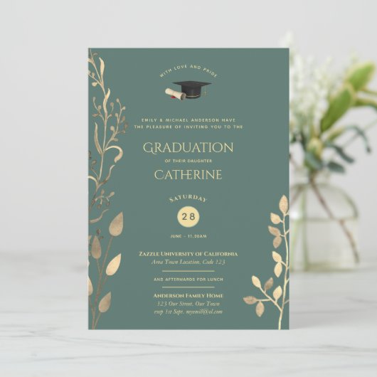 Sage Gold AFSTUDEREN Ceremony Invitations Classy Kaart (Staand voorkant)