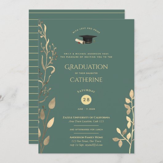 Sage Gold AFSTUDEREN Ceremony Invitations Classy Kaart (Voorkant / Achterkant)