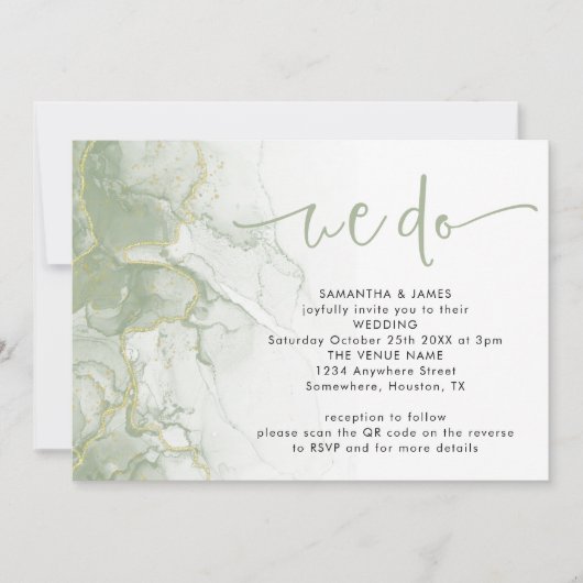 Sage Gold Agate Script We doen QR Code Weddenschap Kaart (Voorkant)