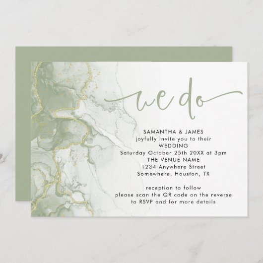 Sage Gold Agate Script We doen QR Code Weddenschap Kaart (Voorkant / Achterkant)