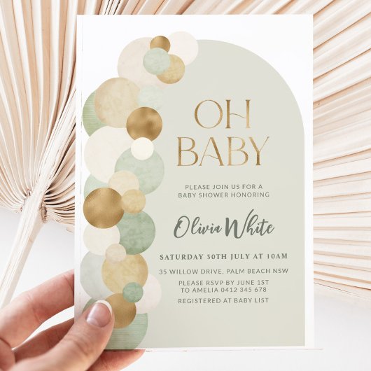 Sage Gold Balloons Moderne Arch Baby shower Kaart