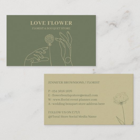 Sage Gold Blush Dandelion Flower Hands Visitekaartje (Voorkant / Achterkant)