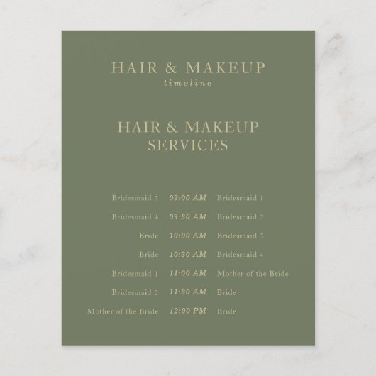 Sage Gold Budget Bruiloft Haar Make-up Tijdlijn Flyer (Voorkant)