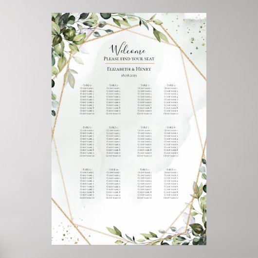 Sage gold eucalyptus boho wedding seating chart poster (Voorkant)