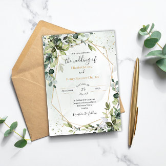Sage gold eucalyptus geometric A5 wedding invite Kaart