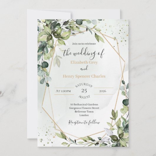 Sage gold eucalyptus geometric A5 wedding invite Kaart (Voorkant)