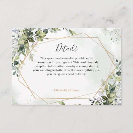Sage gold eucalyptus geometric wedding detail card informatiekaartje (Voorkant)