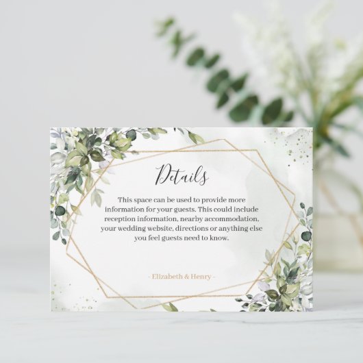 Sage gold eucalyptus geometric wedding detail card informatiekaartje (Staand voorkant)
