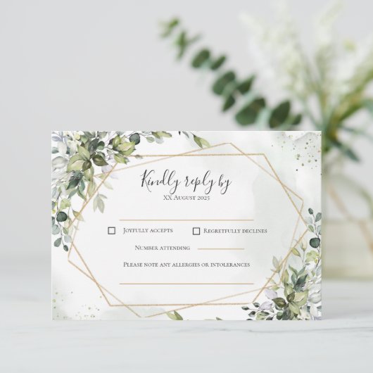 Sage gold eucalyptus geometric wedding RSVP card (Staand voorkant)
