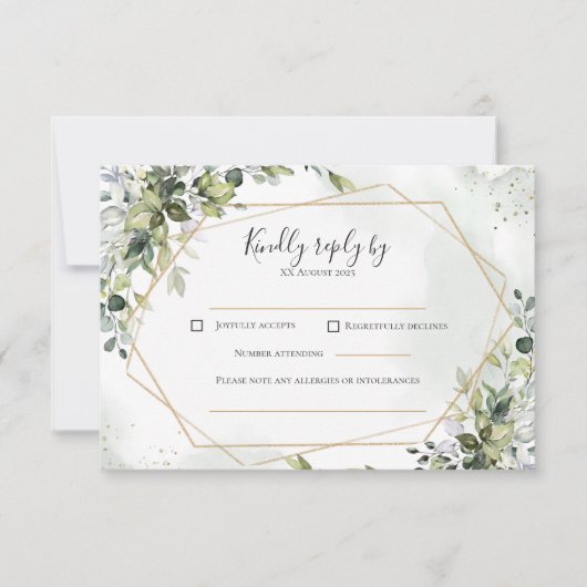 Sage gold eucalyptus geometric wedding RSVP card Kaartje (Voorkant)