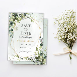 Sage gold eucalyptus geometric wedding save date kaart