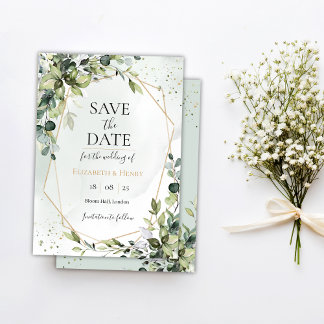 Sage gold eucalyptus geometric wedding save date kaart